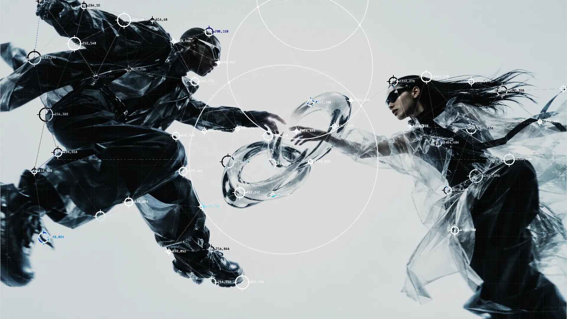 Two figures in motion reach toward each other across a pale field, one in black technical wear, one in translucent fabric.