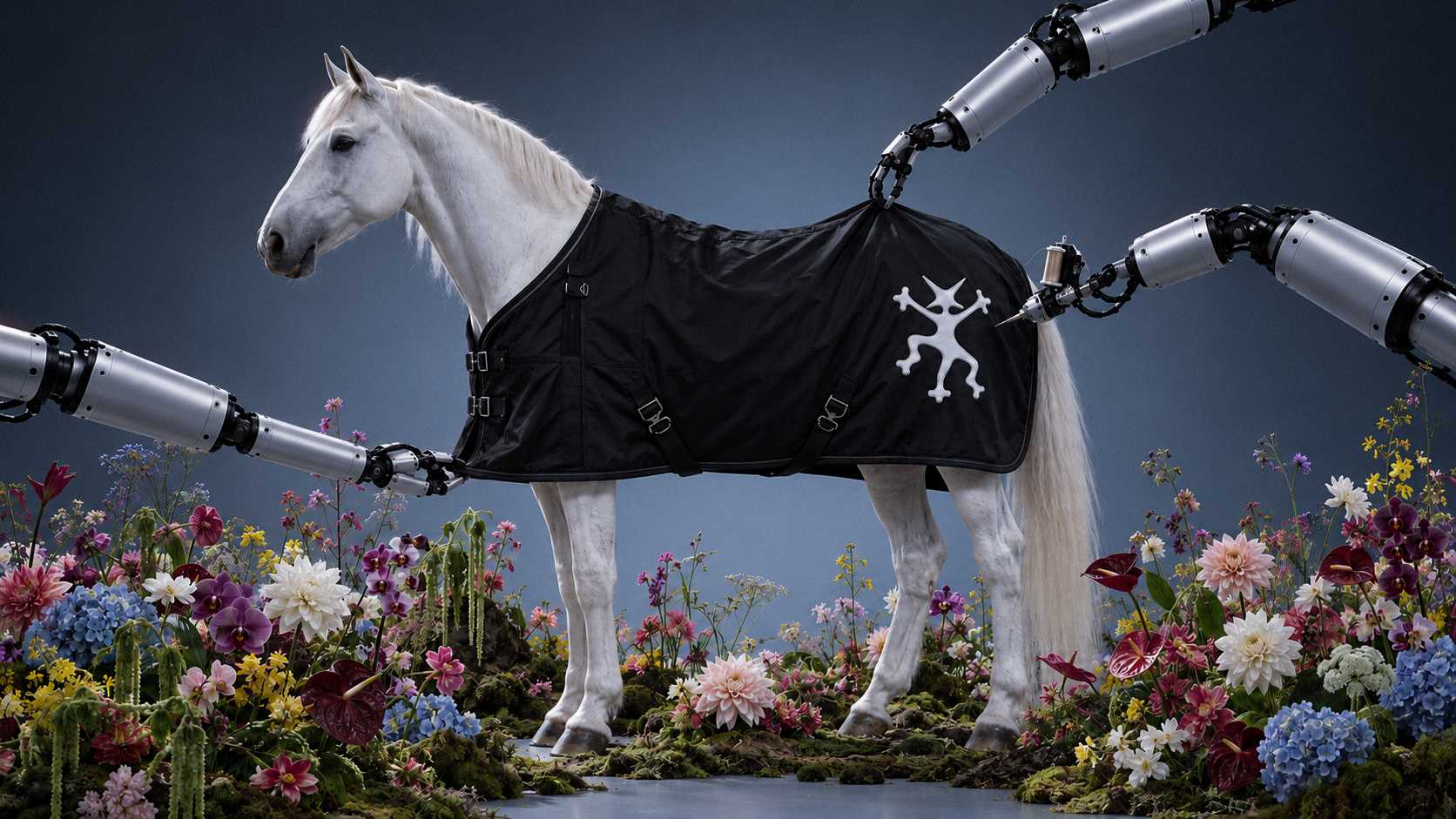 A white horse wearing a custom black blanket with the UniMerch symbol, tended by robotic arms in a field of flowers.